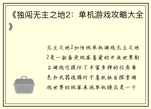 《独闯无主之地2：单机游戏攻略大全》